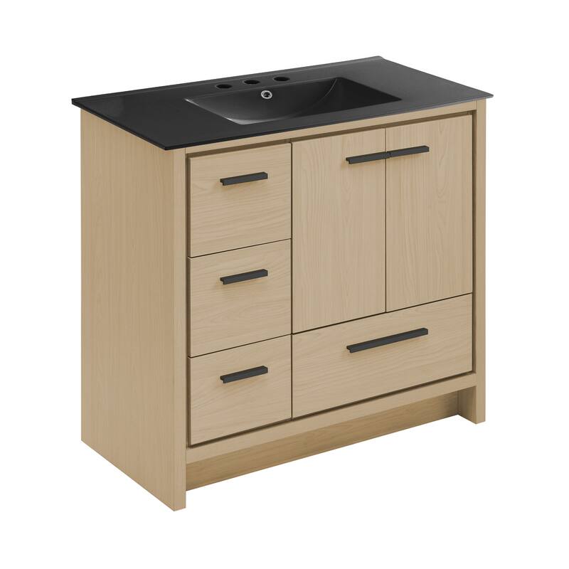 Virage 36 In. Brown Oak Bathroom Vanity With Black, 3-Hole Ceramic Sink Top