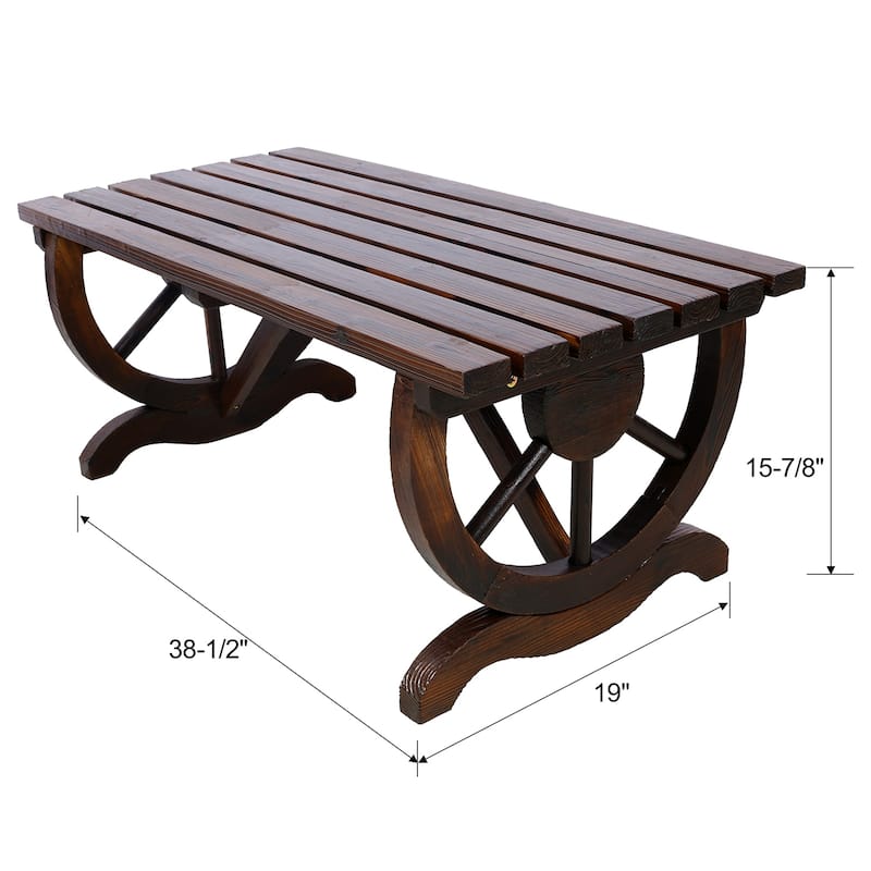 Rustic Wooden Bench with Wagon Wheels, 2-Seater Garden Patio Furniture