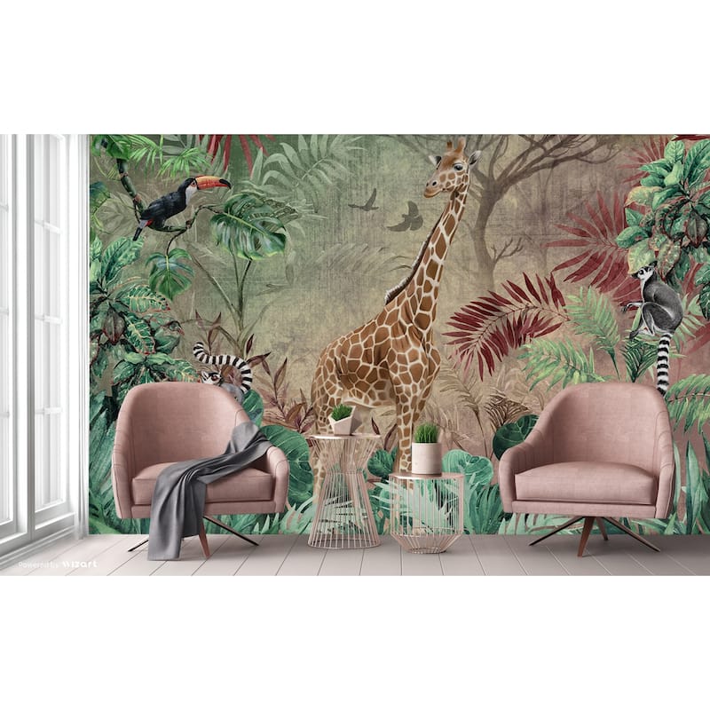 Enchanting Safari Wallpaper Mural Giraffe and Lemurs