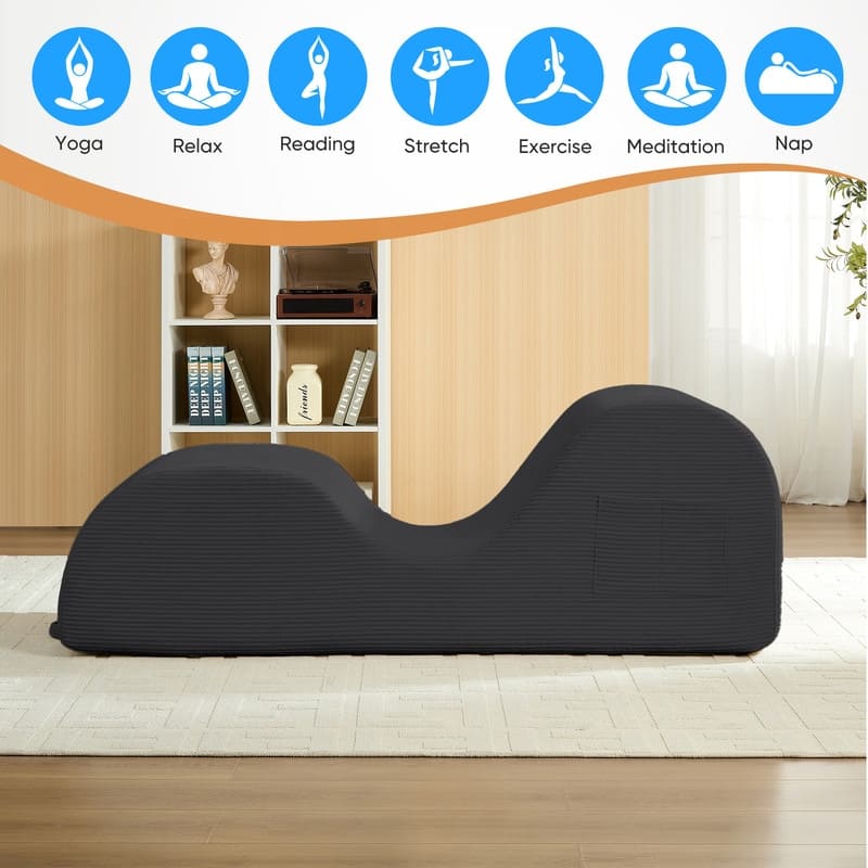 Mixoy Corduroy Yoga Chaise Lounge Chair,Curved Yoga Sofa with Movable Headrest/Waist Cushion/Footrest,Non-Slip Bottom