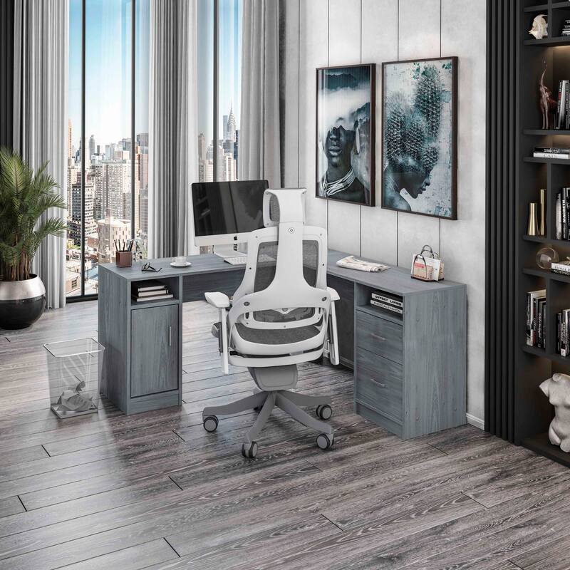 Functional L-Shape Desk with Storage for Entryway Living Room，Office Room, Grey - Gray