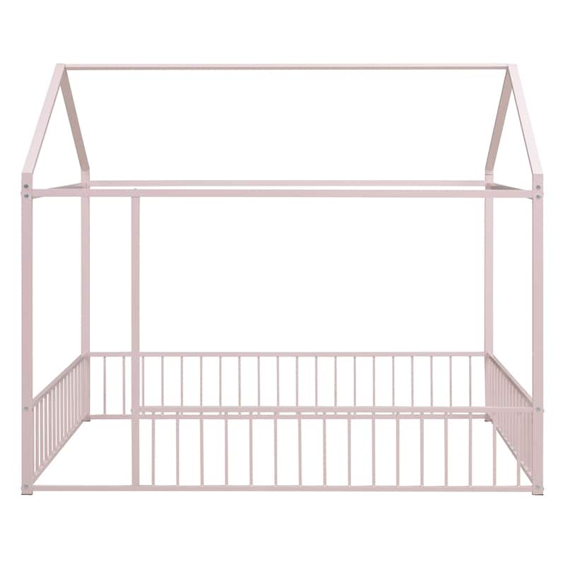 Full Size Metal Bed House Bed Frame with Fence for Kids