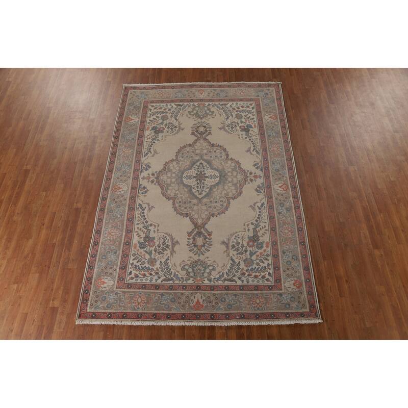 Distressed Tabriz Vintage Persian Area Rug Hand-Knotted Wool Carpet - 6'10" x 10'0"