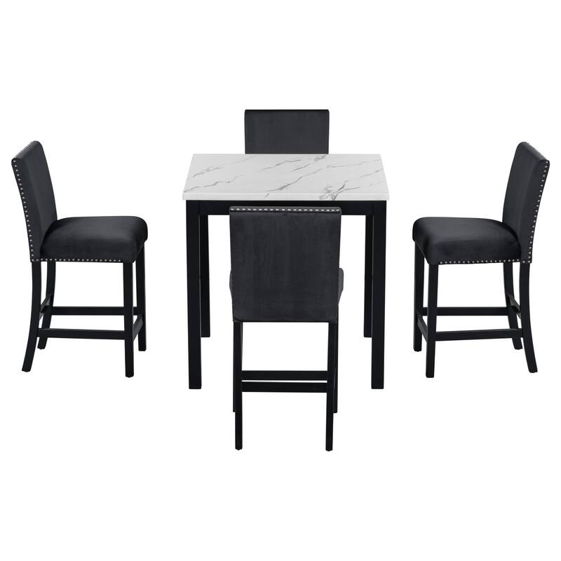 35" Faux Marble Top Dining Table and 4 Velvet Chairs, 5-Piece Dining Set