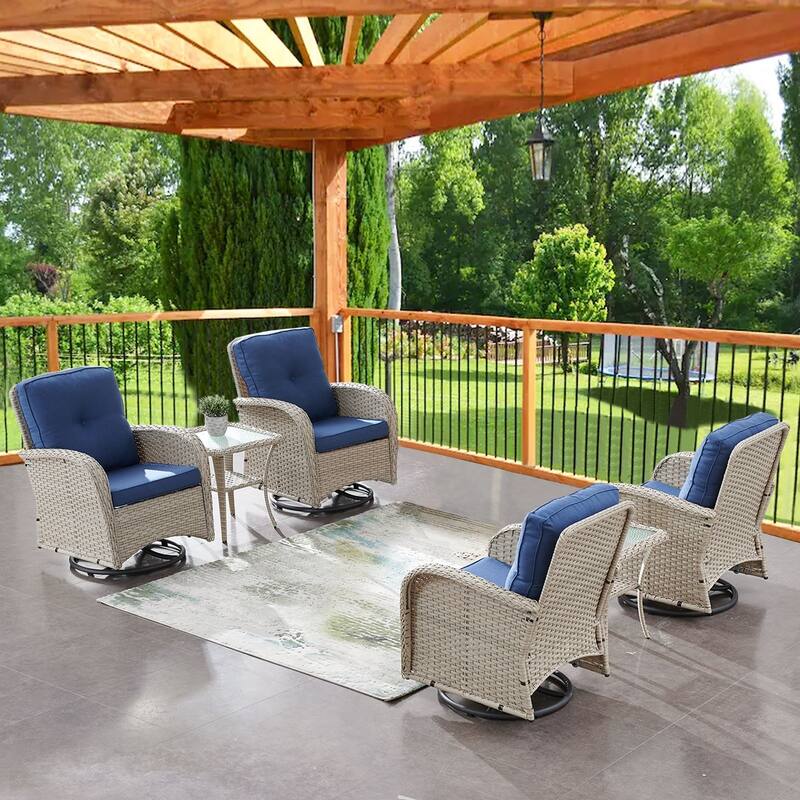Gymojoy Ergonomic Swivel & Glider / Rocking Chair Set with Side Tables Outdoor Patio Furniture Set - 6-Piece - Swivel Chair - Light Gray Wicker / Blue Cusion