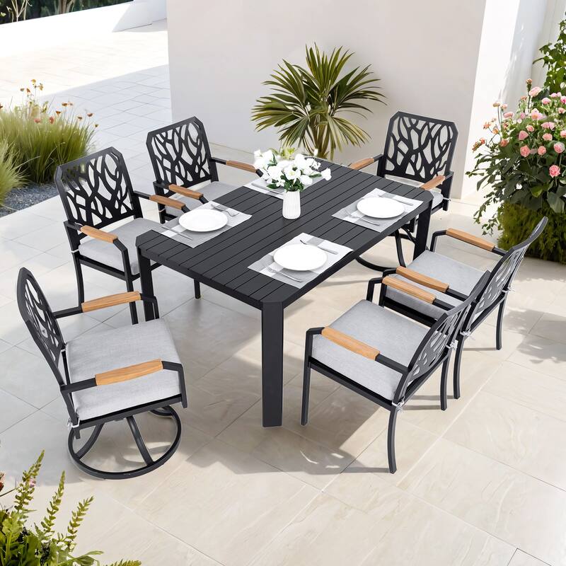 GDFStudio - Burbon 7-Piece Outdoor Aluminum Dining Set with Swivel Rockers and Branch - Burbon