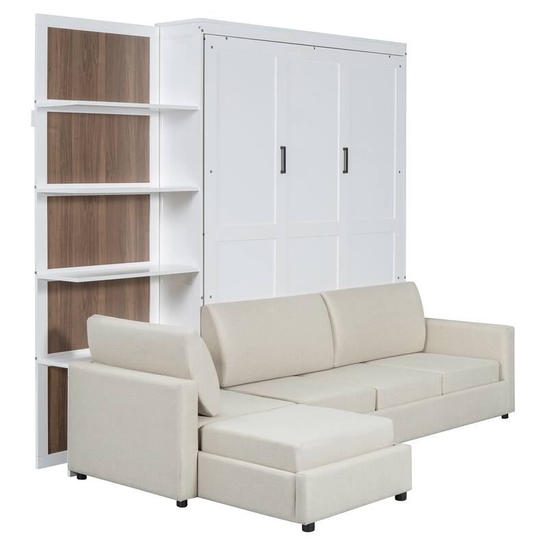 Queen Size Wall Bed with Sofa and Shelves, Space-Saving and Multifunctional