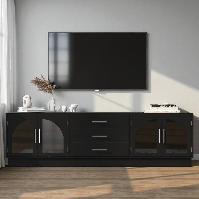 68.9'' Modern Minimalist TV Stand with Glass Doors, 3 Drawers & Adjustable Shelves, Fits TVs up to 75'' - Black