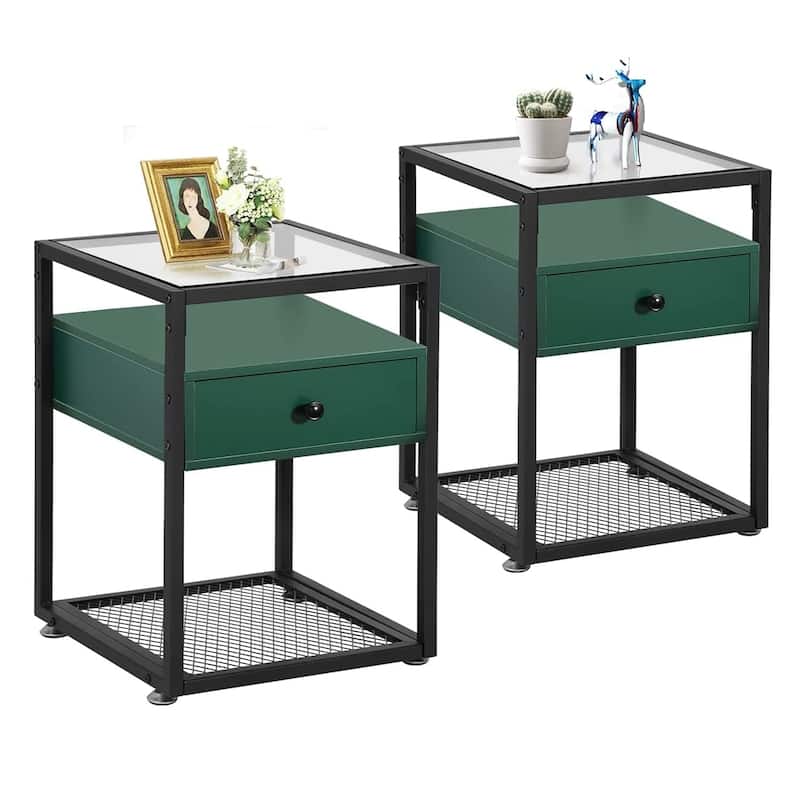 VECELO Modern Square Nightstands Set of 2 with Tempered Glass Top