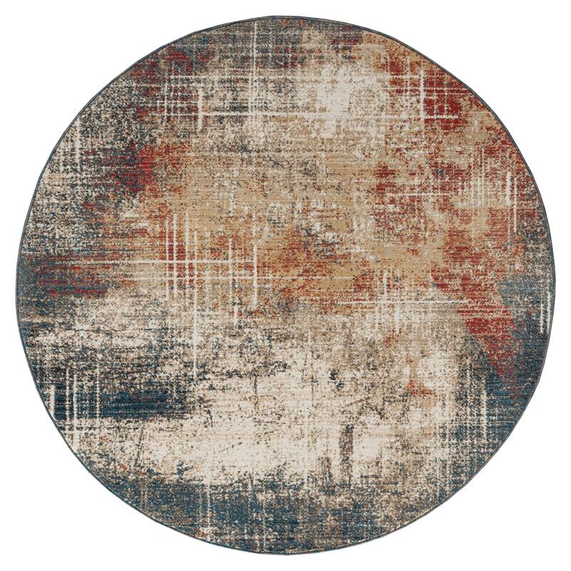 Porch & Den Hollis Distressed Sunset / Denim Abstract Area Rug - 6' Round - Blue/Brown