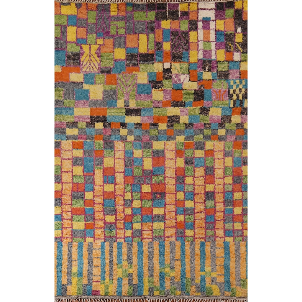 Colorful Checkered Moroccan Plush Area Rug Handmade Wool Carpet - 8'8" x 12'9"