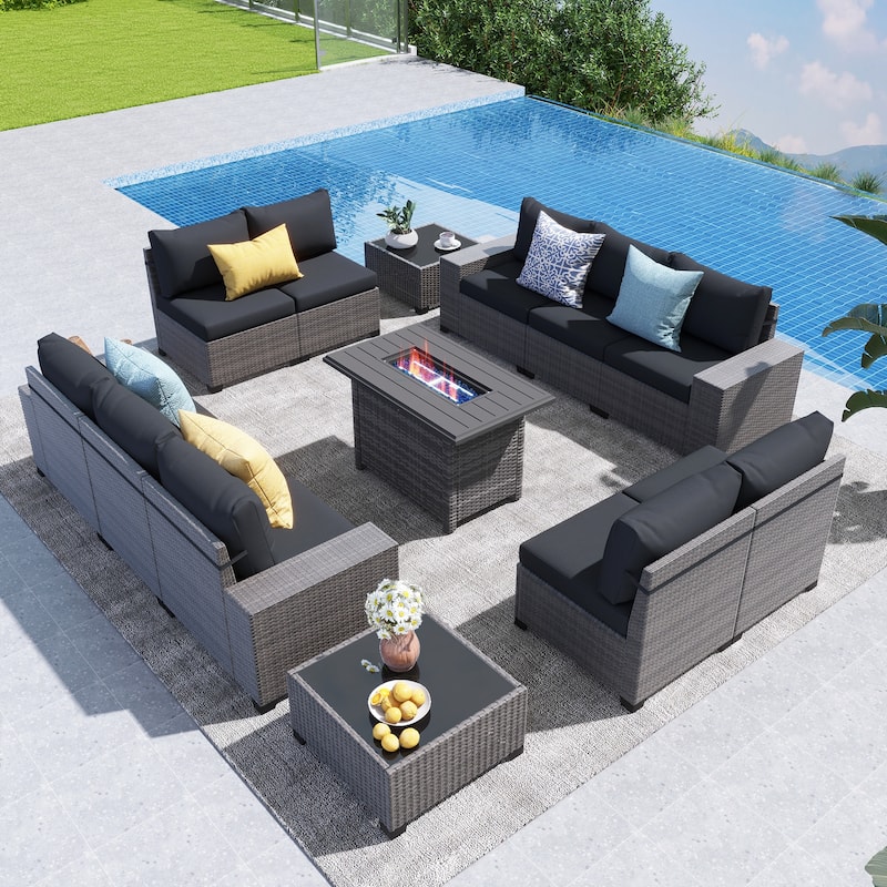 13-Piece 10 Person Patio Free Combination Wicker Conversation Set With Waterproof Cushions and Firepit Table