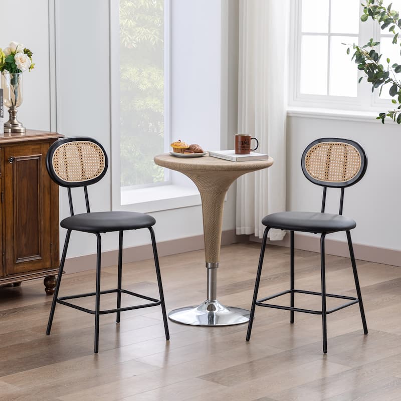 Faux Leather Rattan Back Dining Chairs Counter Stools with Metal Legs