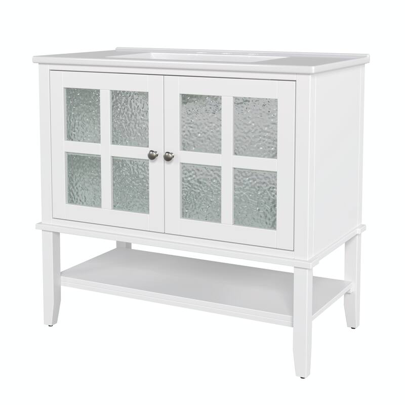 36" Bathroom Vanity with Ceramic Sink, Adjustable Shelf and Open Shelf, Solid Wood Legs, Waterproof Painted Finish