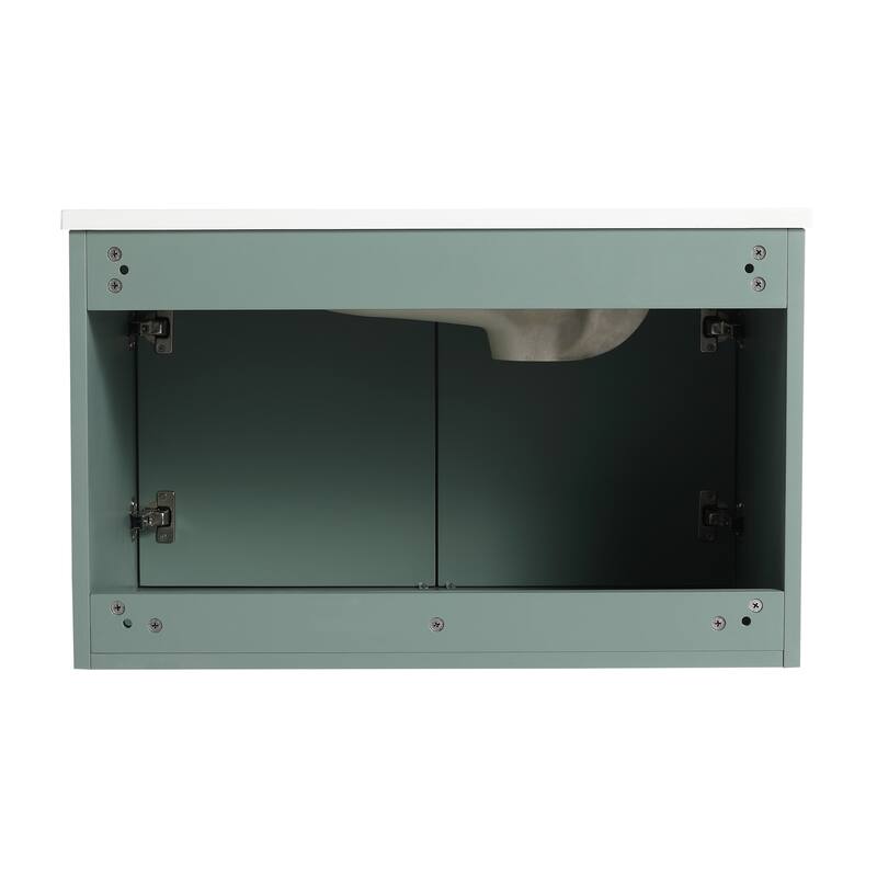 White Double-Door Wall-Mounted Vanity with Drop-Shaped Resin Sink, Soft-Close Hinges, and Hidden Metal Handles