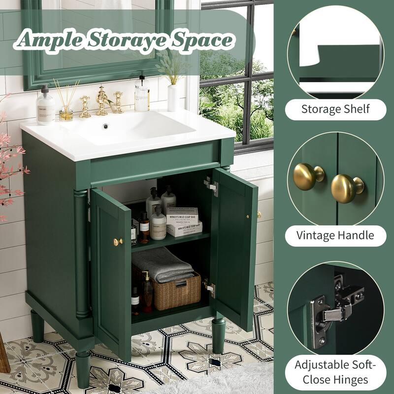 24 Inch Bathroom Vanity with Ceramic Top Sink, Freestanding Single Sink Vanity with Storage Shelves, Modern Style