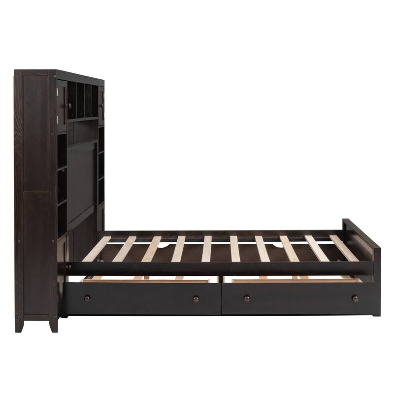 Full Size Wooden Platform Bed with Built-in Storage, Shelves, and Outlets, Espresso Finish