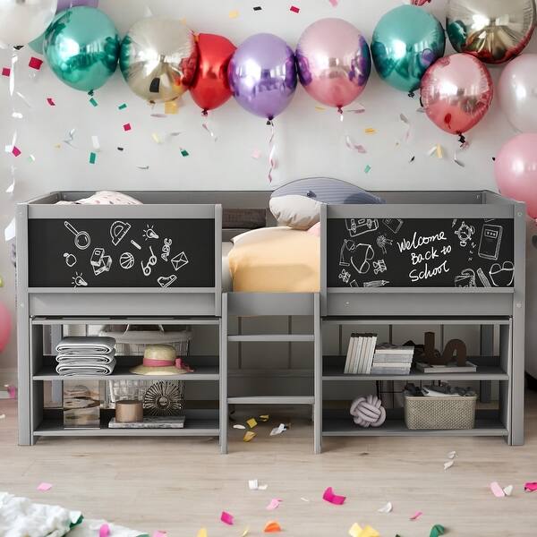 slide 2 of 26, Twin Size Low Loft Bed with Movable Shelves and Ladder,Guardrail Chalkboard,Space Saving,4 Chalkboards Set On 3 Sides,Gray Gray