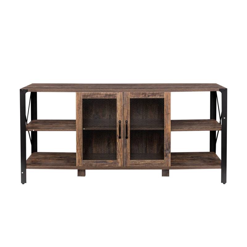 Roomfitters 80" Industrial TV Stand, Farmhouse Wood and Metal Entertainment Center with Open Shelves