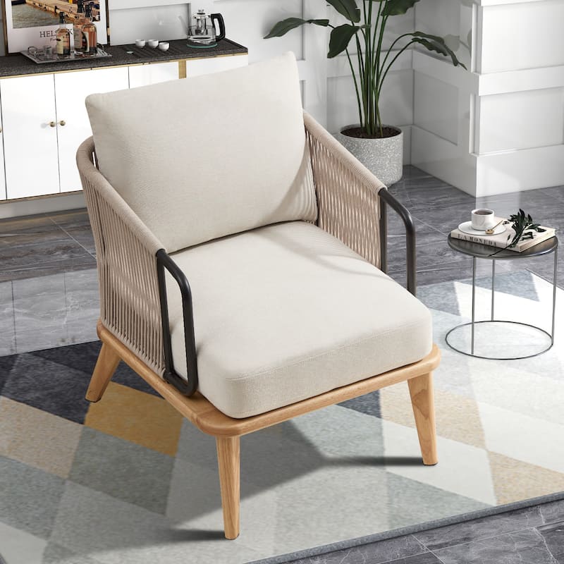 Living Room Casual Wooden Hand Braided Rope Armchair Rattan Chair for Living Room Apartment