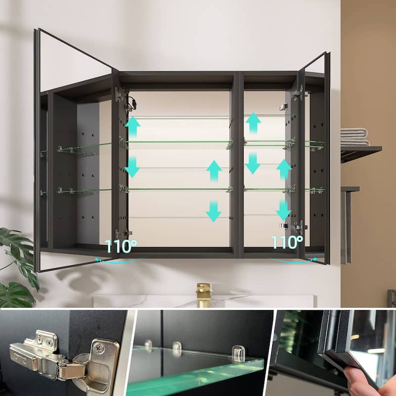 ZEAFIVE LED Black Bathroom Medicine Cabinet Surface Mount Defog Medicine Cabinet 3 Lights Dimmable