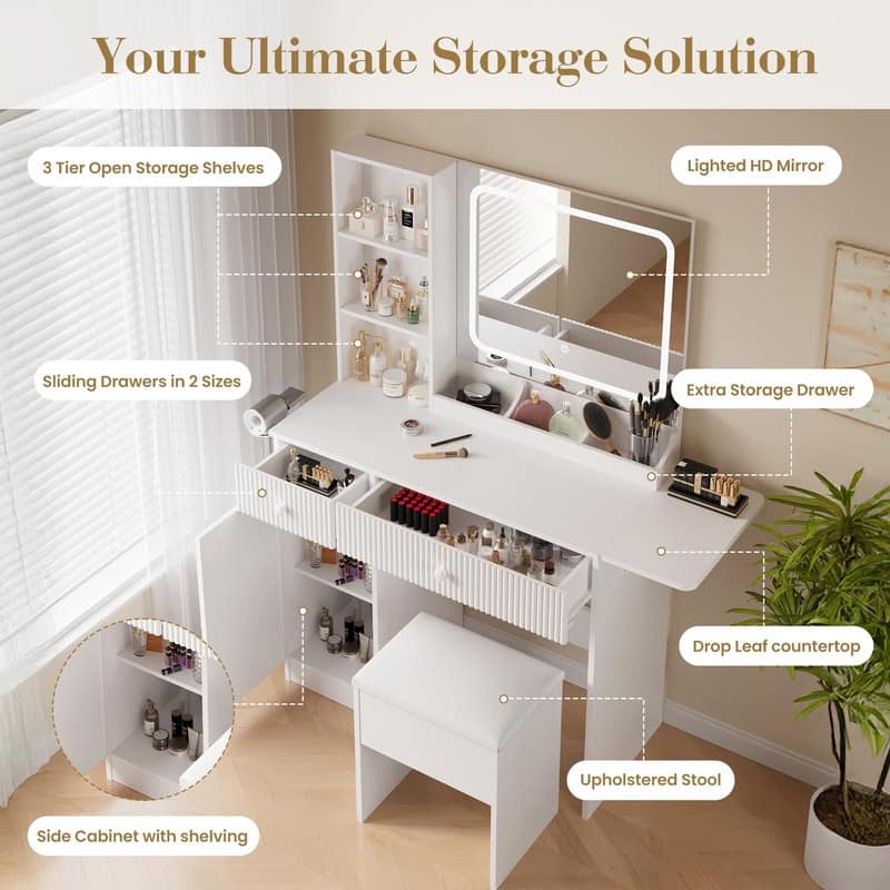 Makeup Vanity Desk with Mirror, Charging Station, Storage Drawers， Stool