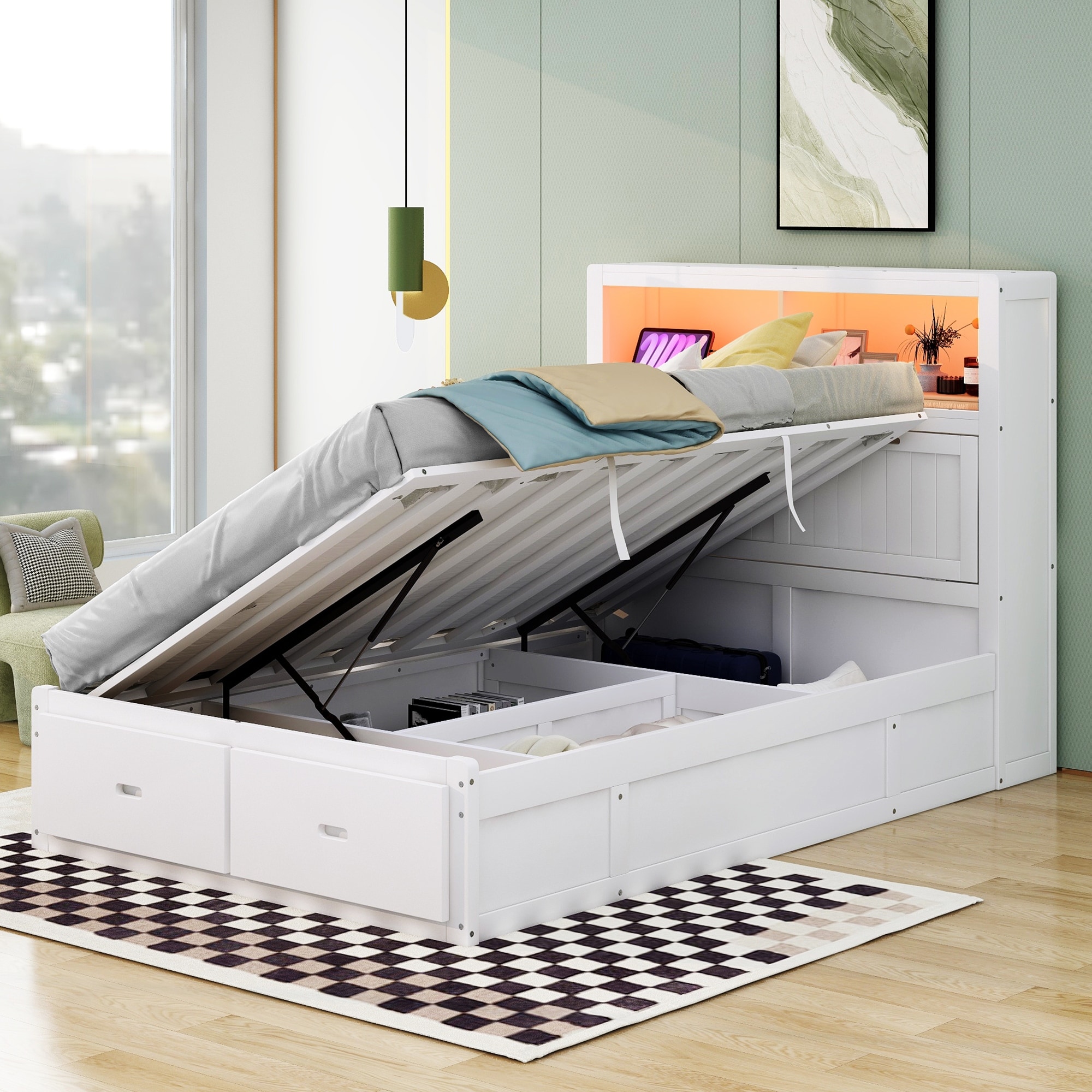 White Full Bed with Side Lift Up Hydraulic 2 Drawer Bed Bath Beyond 40493941