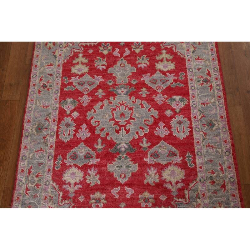 Red Geometric Oushak Turkish Oriental Rug Hand-knotted Wool Carpet - 3'0" x 3'9"