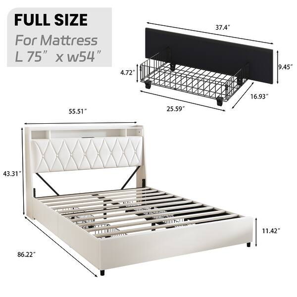 dimension image slide 1 of 4, Upholstered Bed with 4 Drawers, LED Headboard with Charging Station, Heavy Duty Metal Platform Bed Frame with Wood Slat Support