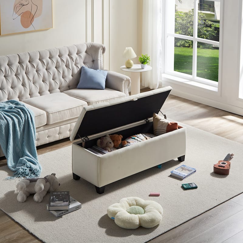 Fashion Beige Velvet Fabric Upholstered large storage rectangular bench - Beige