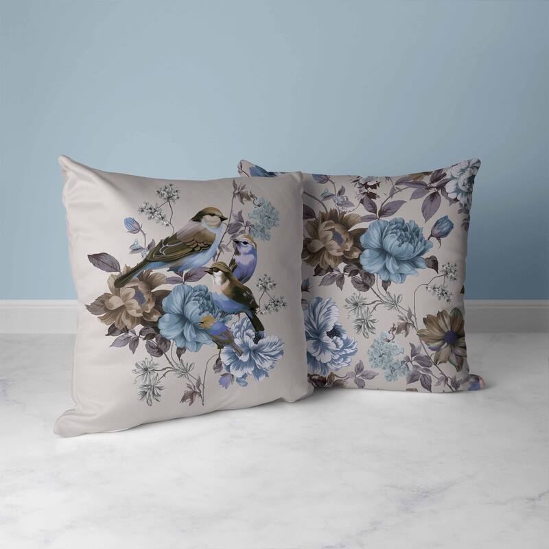 Petal Perched Birds Faux Suede Reversible Throw Pillow Silver and Crayola