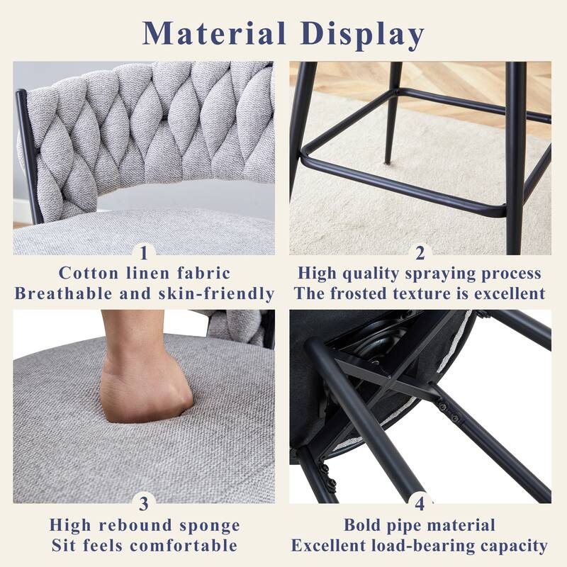 Set of 2 swivel bar stools with breathable cotton and linen soft cushions, electroplated metal frames without rust