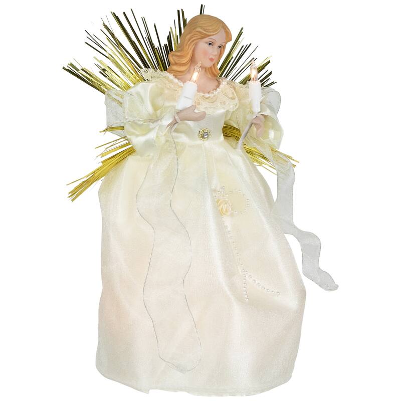 Angel with Candle Lighted Christmas Tree Topper - 10.5” - Gold - Clear Lights