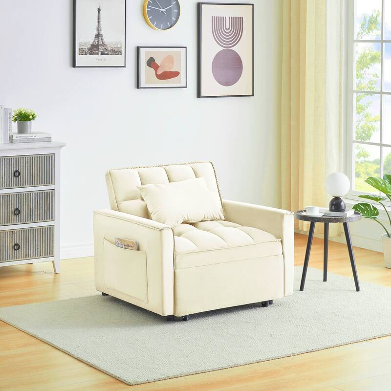 Creamy White Modern 70.86" 3 in 1 Single Convertible Sofa Bed with Adjustable Back and Moving Wheel for Living Room - Creamy White