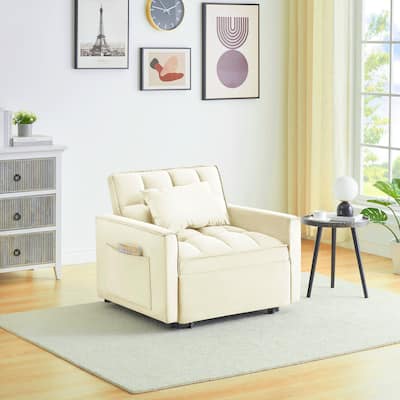 Creamy White Modern 70.86" 3 in 1 Single Convertible Sofa Bed with Adjustable Back and Moving Wheel for Living Room