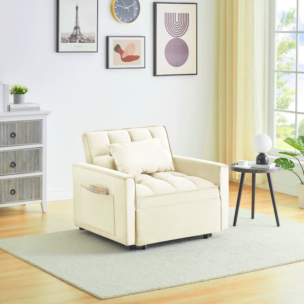 Creamy White Modern 70.86" 3 in 1 Single Convertible Sofa Bed with Adjustable Back and Moving Wheel for Living Room