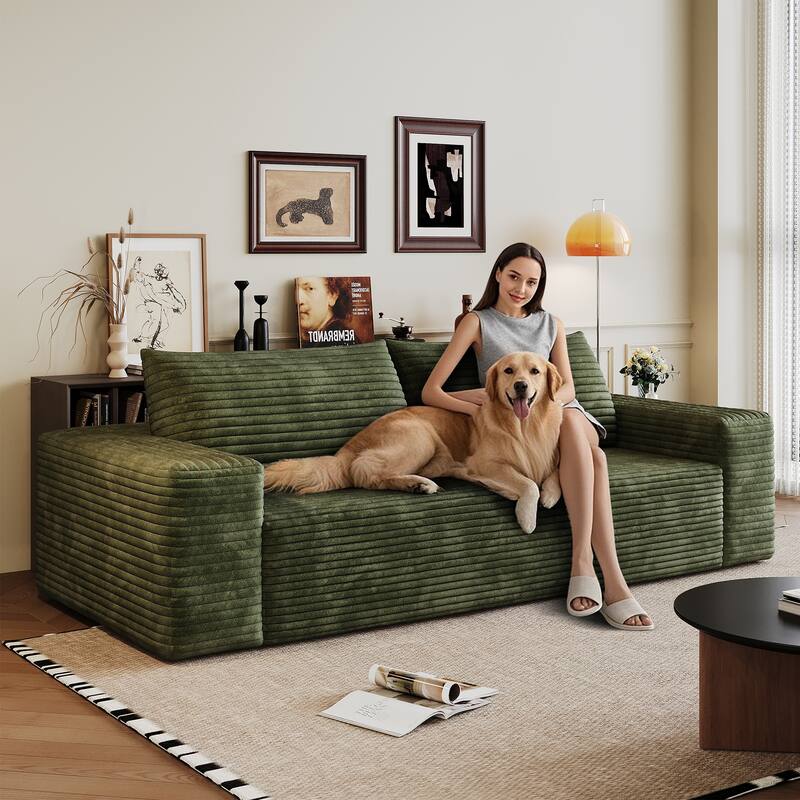 Corduroy Upholstered Boneless Sofa, Full Compression Cloud Couch, High-Density Foam 3 Setaser Sofa for Living room, Bedroom - Green