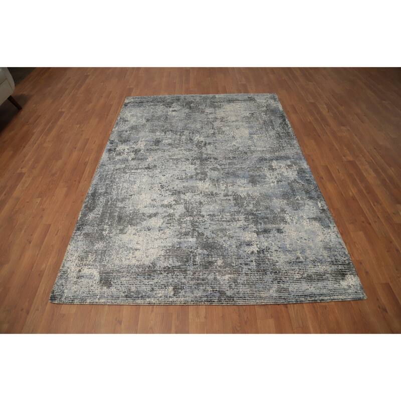 Hand Knotted Oriental Viscose Silk Carpet Modern All-Over Greys & Charcoal Abstract Area Rug - 7' 8'' X 5' 6''