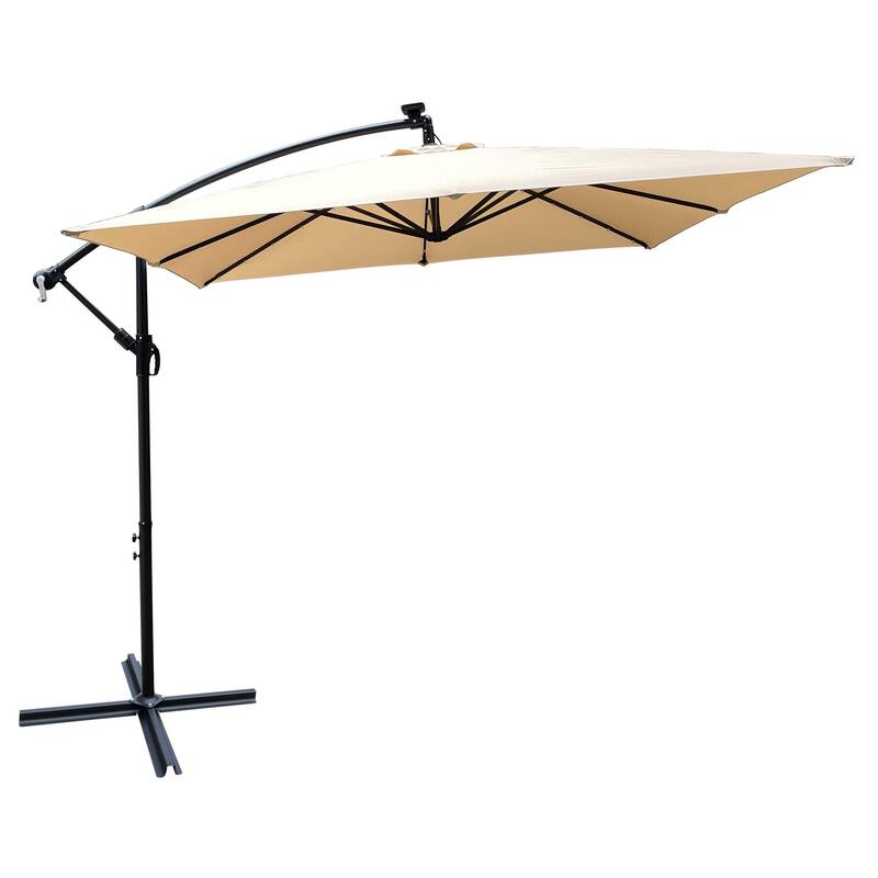 Square 2.5X2.5M Patio Umbrella Solar Powered LED Lighted Sun Shade Market Waterproof 8 Ribs Umbrella with Crank and Cross Base