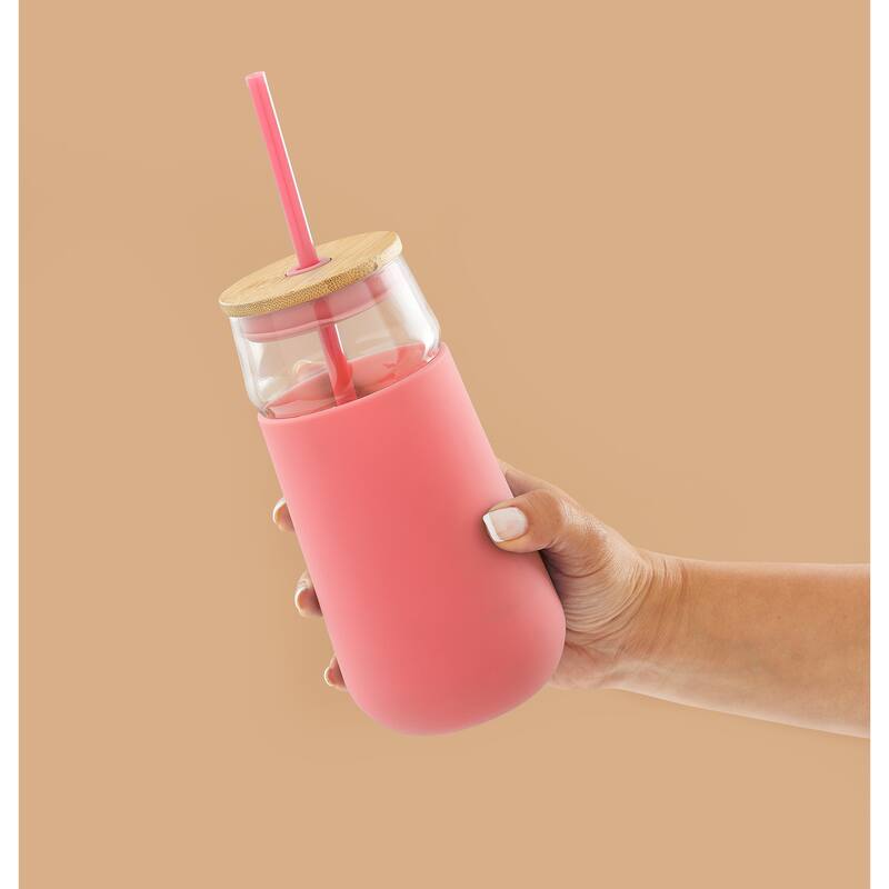 JoyJolt Glass Drinking Cup, Tumbler with Straw & Non Slip Silicone Sleeve - 20 oz - 20 oz