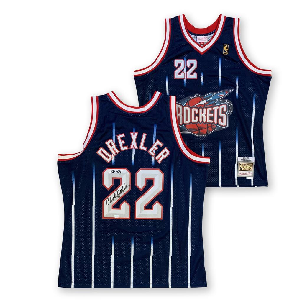 Clyde Drexler Autographed Houston Rockets Mitchell & Ness Swingman Signed Basketball Jersey HOF 2004 JSA COA - 8'6" x 11'6"