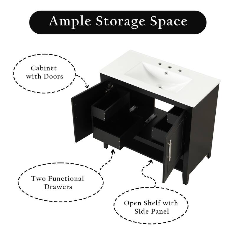 36" Bathroom Vanity with Ceramic Sink, Storage Cabinet with Doors and 2 Divided Drawers, Solid Wood & MDF