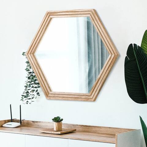 Wall Mirror Frame Mirror Rustic Wood Frame Rustic Bathroom Vanity Mirror Modern Hexagon Mirror for Farmhouse Living Room - Brown