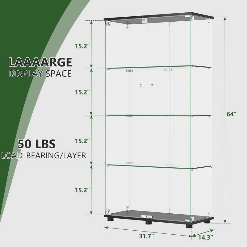 Glass Display Cabinet with 4-Shelf Double Doors and Lock, Curio Cabinet 5mm Tempered Glass Floor Standing Bookshelf