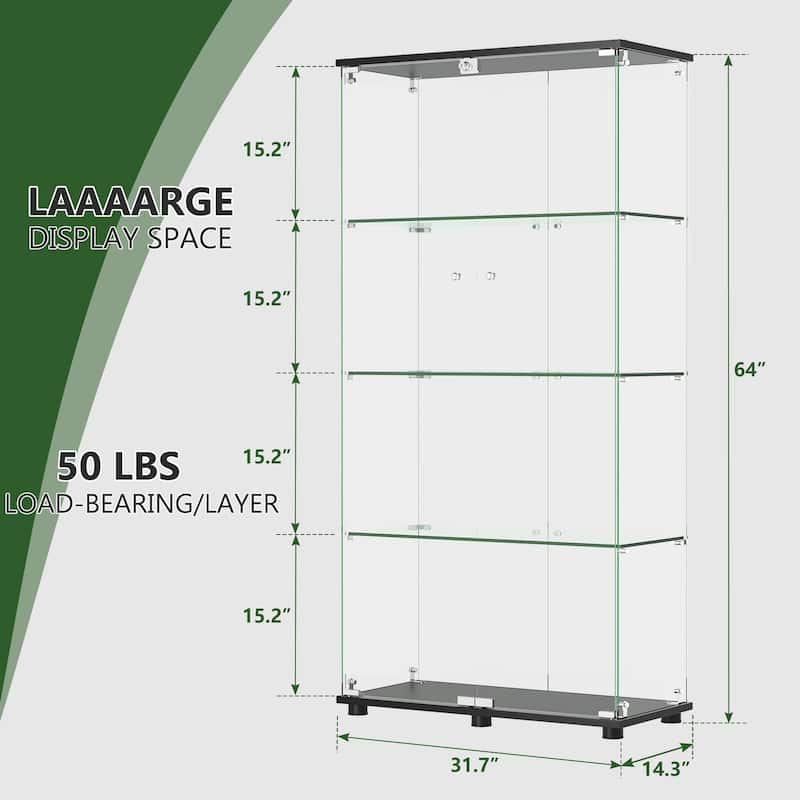 Glass Display Cabinet with Double Doors and Lock, 4-Shelf Tempered Glass Curio Cabinet Bookshelf for Office and Bedroom