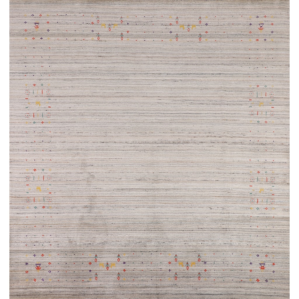 Earth Tone Striped Gabbeh Indian Square Area Rug Handmade Wool Carpet - 8'0" X 7'10"