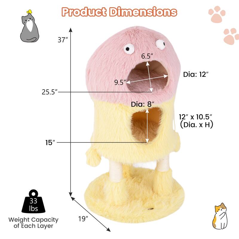 Cute Monster-Themed Cat Tower with 2 Comfortable Cat Condos and 3-Level Activity Center - 19" x 37"
