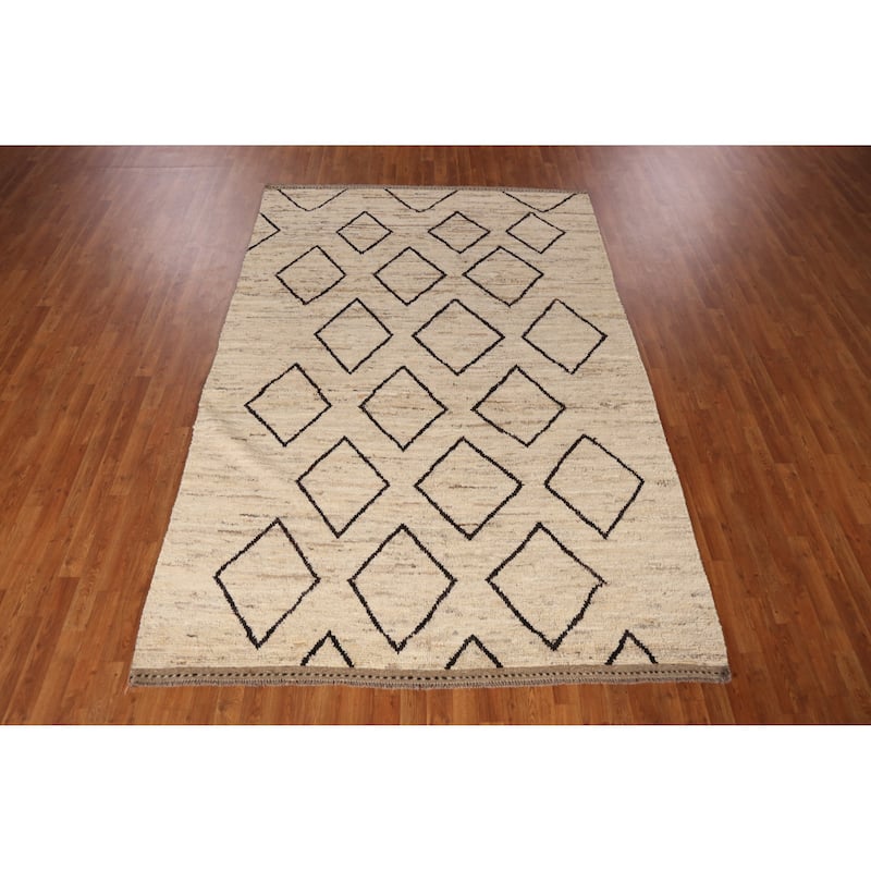 Geometric Moroccan Oriental Rug Hand-Knotted Beige Wool Carpet - 6'7" x 9'11"