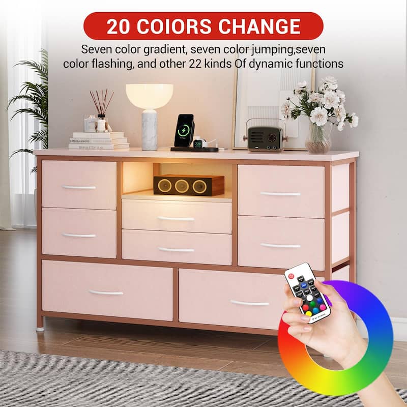 8-Drawer Fabric TV Stand with LED Lights & Built-in Power Outlets