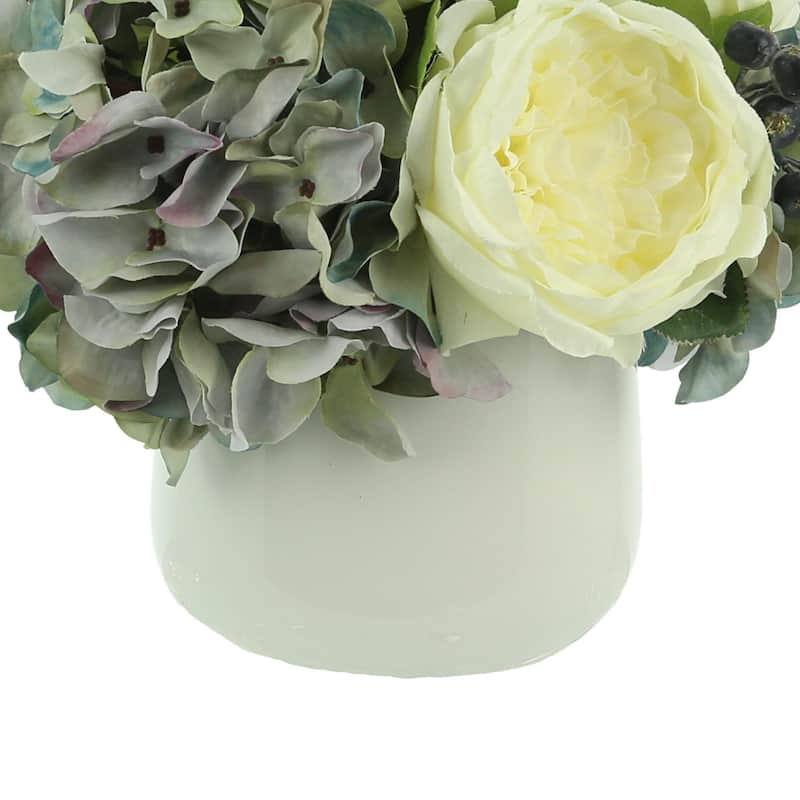 Hydrangeas, Peony and Blueberry in a Round Pot - White, Blue